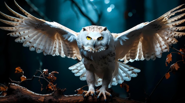 large white night bird with open wings