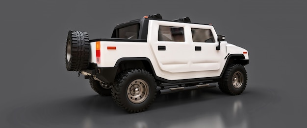 Large white off-road pickup truck for countryside or expeditions on gray isolated background. 3d illustration.