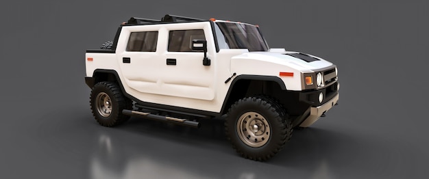 Large white off-road pickup truck for countryside or expeditions on gray isolated background. 3d illustration.