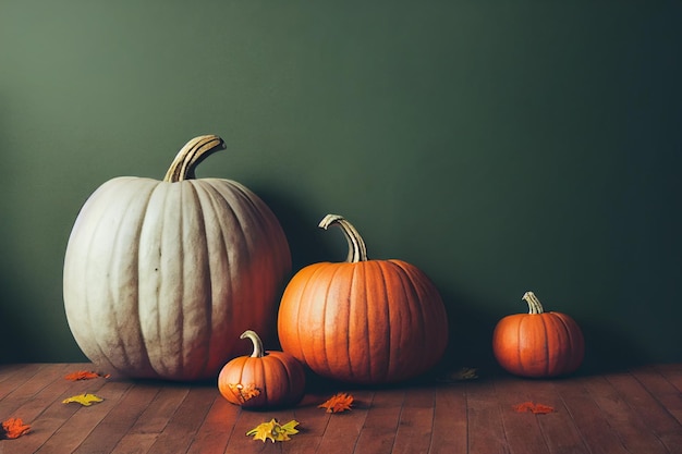 Large white and orange pumpkins on a wooden floor Halloween holiday and pumpkins