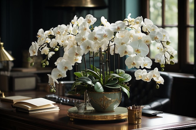 Большая белая орхидея в горшке на столе в модном и роскошном офисе. Копировальное пространство. Высококачественное фото.
