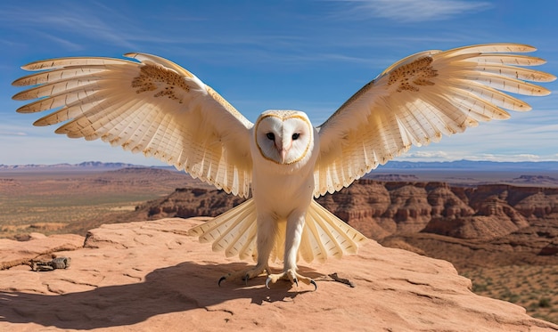 A large white owl standing on top of a rock