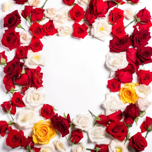 A large white and red floral border with red and yellow roses.