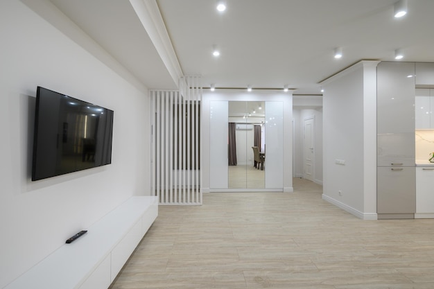 Large white room connected to hall and kitchen in a studio\
flat