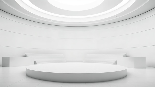 A large white room with an empty podium in the middle