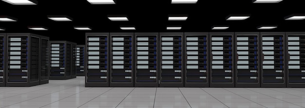 서버 타워가 있는 랙 캐비닛 컴퓨터 보안 서버실에 서버가 있는 대형 흰색 방