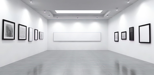 Large white room with walls with frames of photographs or paintings Mockup Generative AI