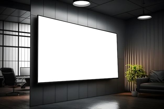 A large white screen in a dark room with a plant in the corner.