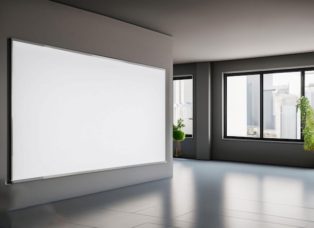 A large white screen in a room with a plant on it.