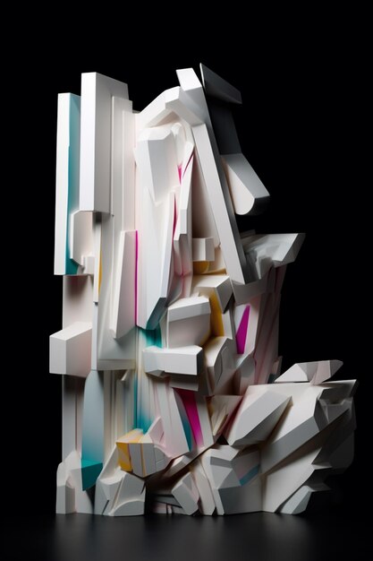 A large white sculpture with colorful shapes and colors.