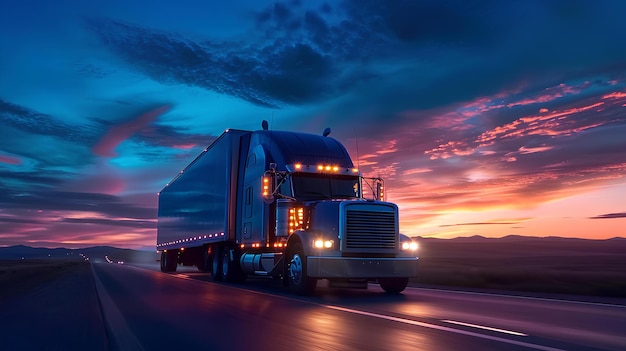 A large white semi truck on the road during a sunset