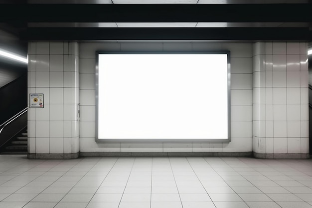 A large white sign in a subway station with a white background.