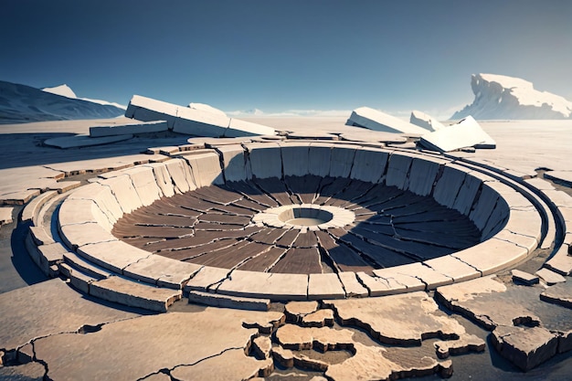 A large white stone structure with a large circular structure in the middle of it.