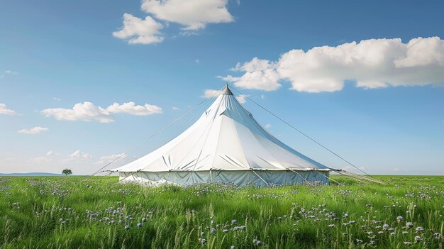 Photo large white tent in a green grassy field under a blue sky with white clouds