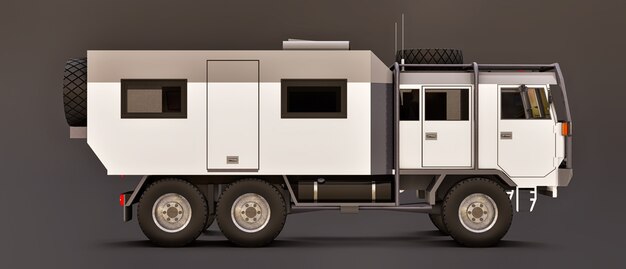 A large white truck on a gray space, prepared for long and difficult expeditions in a remote area. Truck with a house on wheels. 3d illustrations.