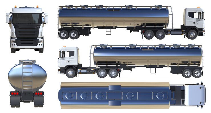 Large white truck tanker with a polished metal trailer Views from all sides  3d illustration