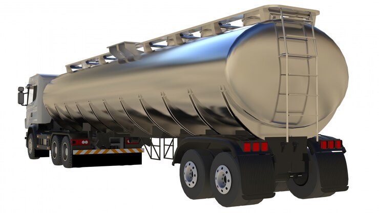 Large white truck tanker with a polished metal trailer. Views from all sides