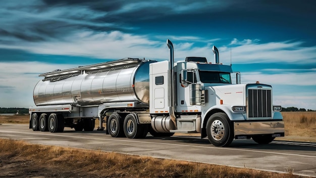 Large white truck tanker with a polished metal trailer views from all sides