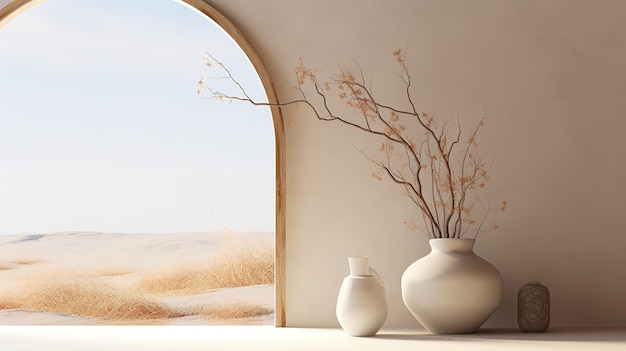 large white vase with dry branches opposite the window in a white interior White sand