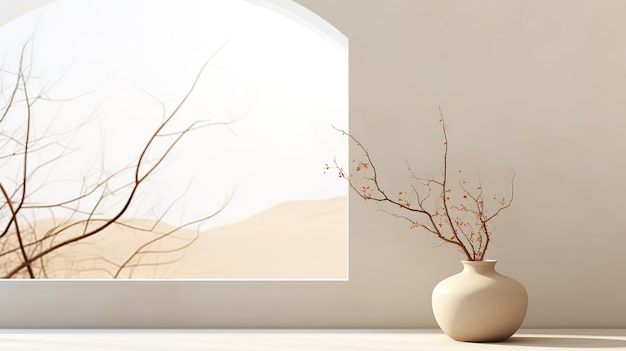 large white vase with dry branches opposite the window in a white interior White sand