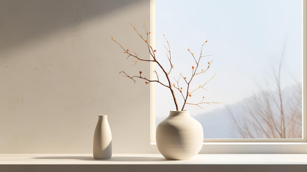 large white vase with dry branches opposite the window in a white interior White sand