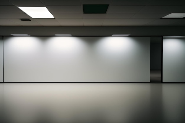 A large white wall in a dark room with a white wall in the middle.