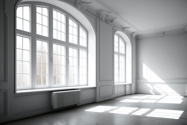 Large white windows and an empty room