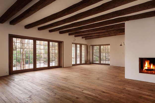 Large whitewalled room with builtin fireplace and wooden rooms