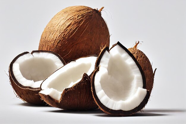 Large whole coconuts and cracked coconut fruit lie side by side