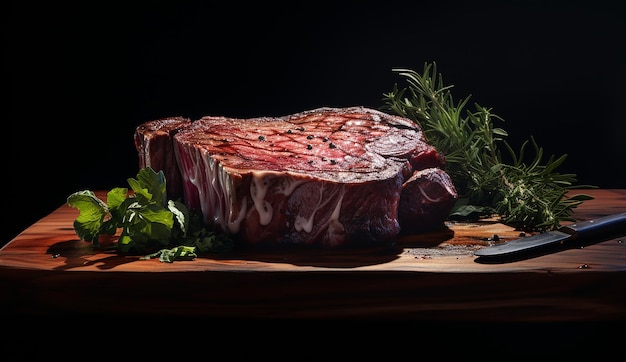 Foto grande pezzo di bistecca cotto intero seduto