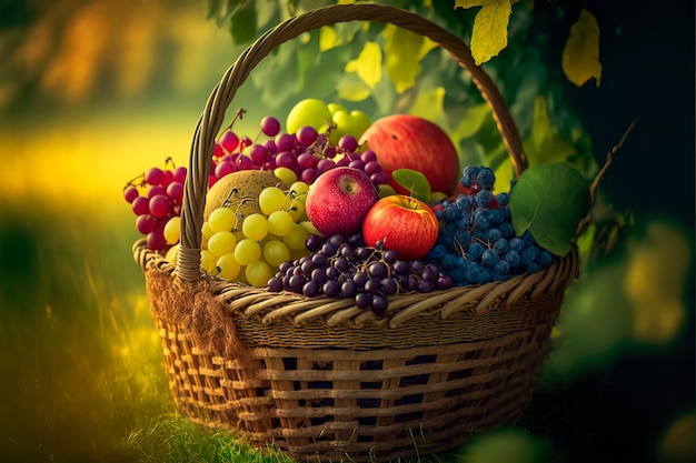 A large wicker basket with fruit stands on the green grass Generative AI