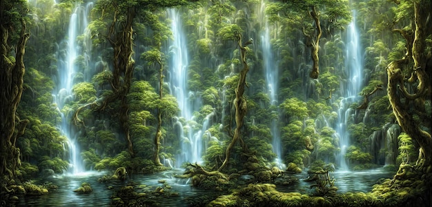 Large wide cascading waterfall in the forest water flows down the mountainside 3d illustration