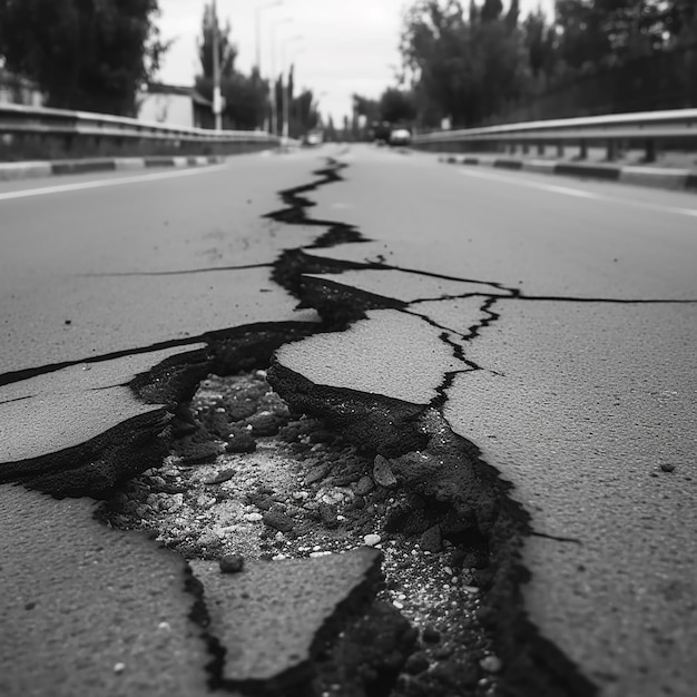 Large wide crack on the asphalt road closeup earthquake disaster