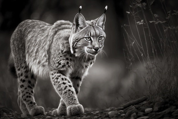 Large wild predator in form of bobcat walking through clearing generative ai