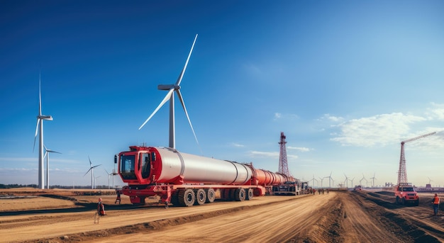 A large wind turbine being carried by a truck in the field