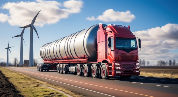 A large wind turbine being carried by a truck in the field