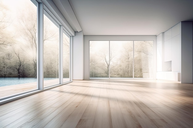 Large window in a white empty room with wood floors interior mock up of a loft blank home space
