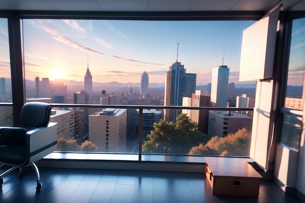 A large window with a view of a city and a cityscape.