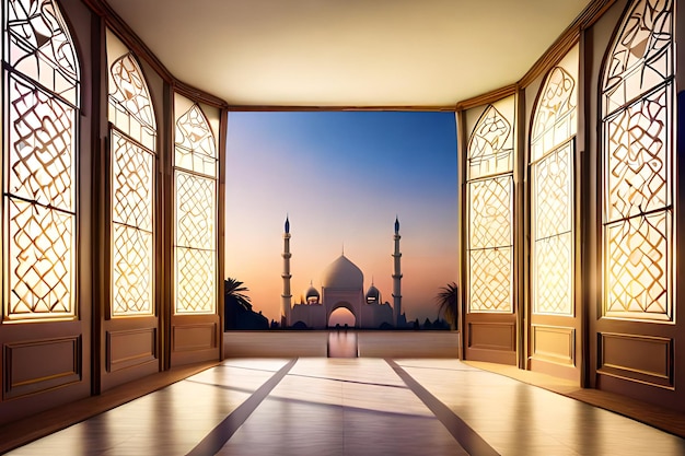 A large window with a view of a mosque in the background