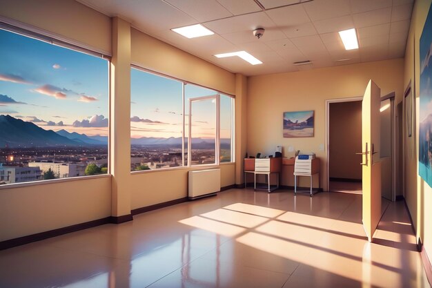 A large window with a view of the mountains in the distance.