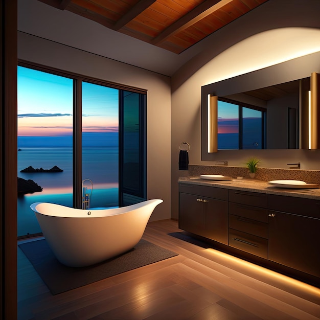 A large window with a view of the ocean and a bathtub