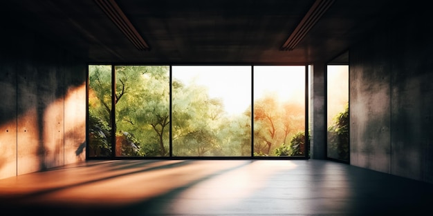 A large window with a view of trees outside