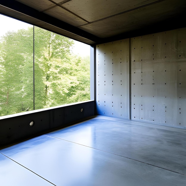 A large window with a view of trees outside