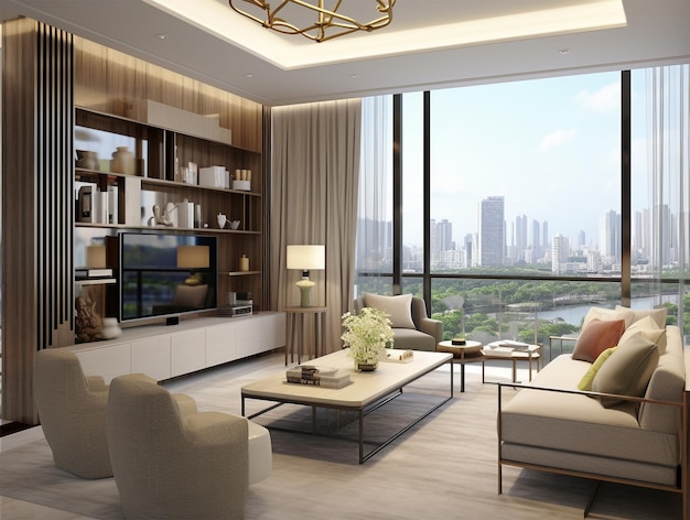 Large windowed living room with city views equipped with a TV and comfortable sofas