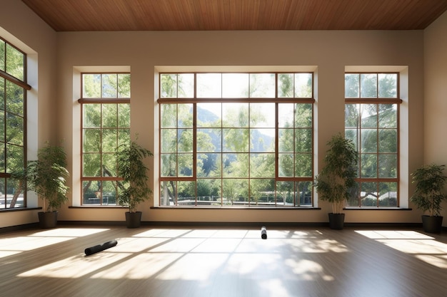 Large windows with natural light in empty yoga room created with generative ai