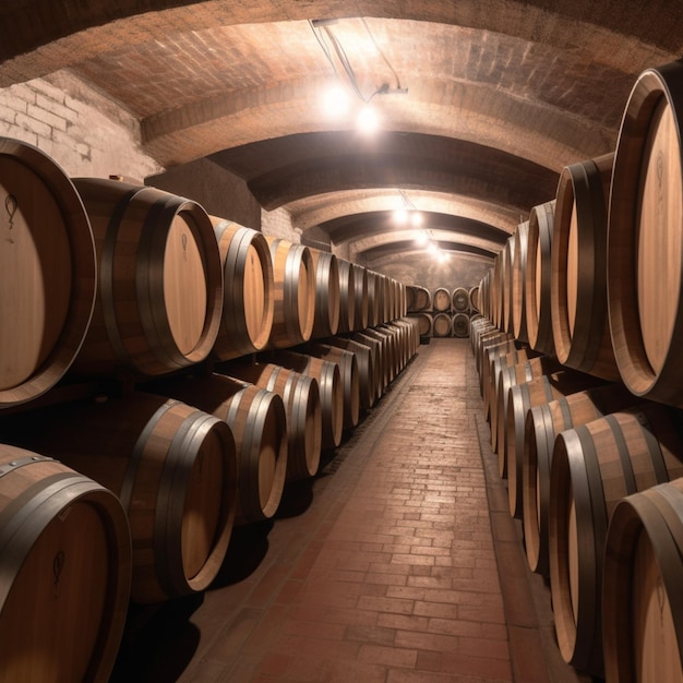 A large wine cellar with barrels of wine in it.