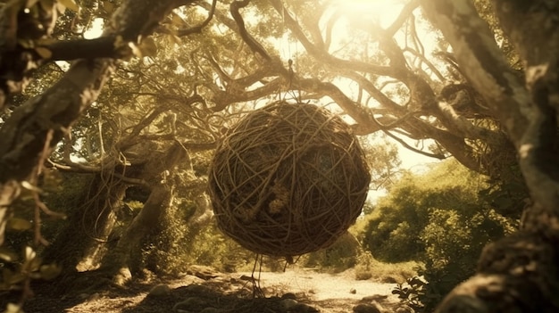 A large wooden ball hangs from a tree in the forest.