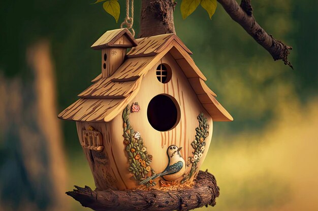 Large wooden birdhouse on tree branch