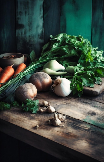 Large wooden board covered with vegetables and herbs