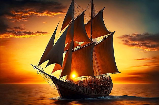 Large wooden boat with straightened sail sails at sunset